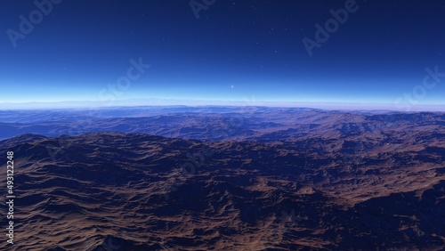 beautiful view from an exoplanet, a view from an alien planet, a computer-generated surface, a fantastic view of an unknown world, a fantasy world 3D render