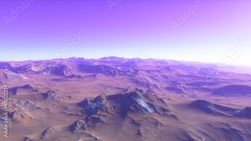 beautiful view from an exoplanet, a view from an alien planet, a computer-generated surface, a fantastic view of an unknown world, a fantasy world 3D render