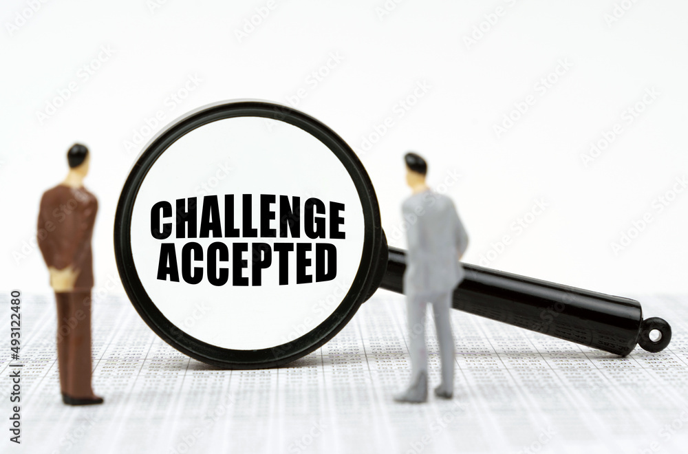 On the reports there are figures of people and a magnifying glass with the inscription - Challenge accepted On the reports there are figures of people and a magnifying glass with the inscription - Challenge accepted