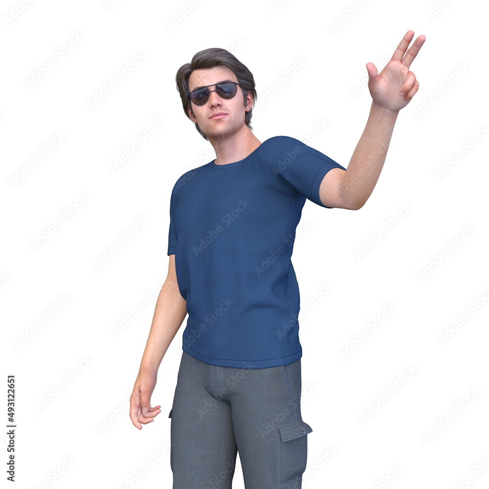 Naklejka premium 青いTシャツを着た男性