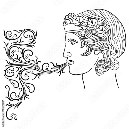 Head of ancient Greek god breathing smoking wind from his mouth. Creative concept. Black and white linear silhouette.