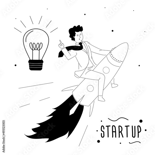 Businessman with good idea starting new business project. Startup development process. Product innovation, creative ideas. Startup launch, rocket takeoff. Line art, doodle design.