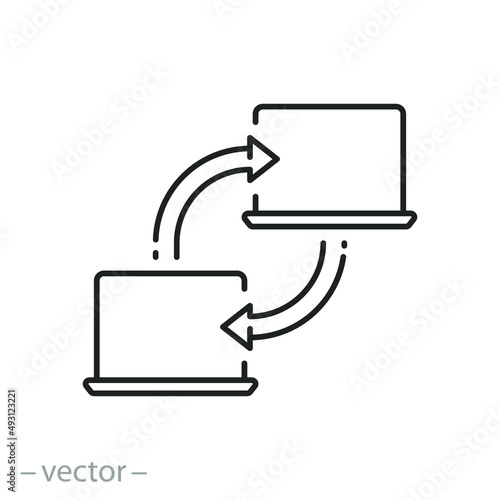 peer to peer computer communication icon, p2p system, tech download piracy, thin line symbol on white background - editable stroke vector illustration
