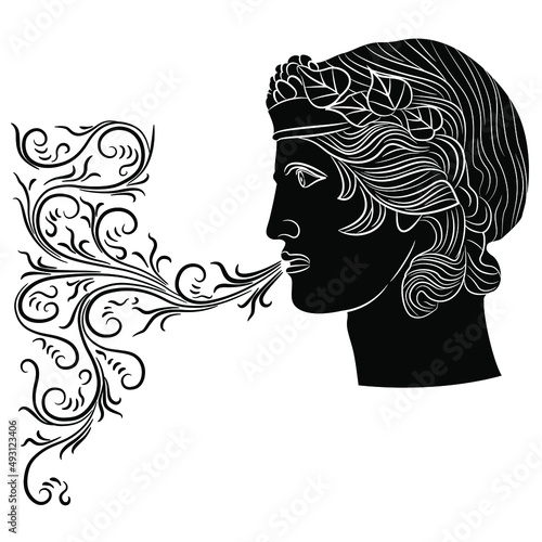 Head of ancient Greek god breathing smoking wind from his mouth. Creative concept. Black and white silhouette. photo