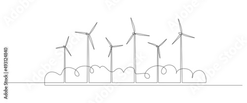 Wind turbines and windmills with bushes at village in one continuous line drawing. Green energy and renewable source of power concept in simple linear style. Web banner. Doodle Vector illustration