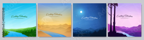 Vector illustration. Abstract background set. Minimalist style. Flat concept wallpapers. Landscape collection. Green meadow with water stream, desert, night with moonlight, sunset evening scene