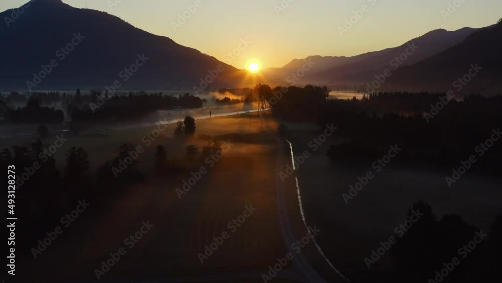 Drone Towards Sunrise Over Misty Landscape Of Zell Am See, Drone Towards Sunrise Over Misty Landscape Of Zell Am See,