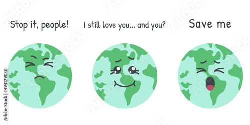 Collection of cartoon character planet. Earth globe with different emotions. Save planet concept. Protection of ecology and environment. Vector flat cartoon illustration