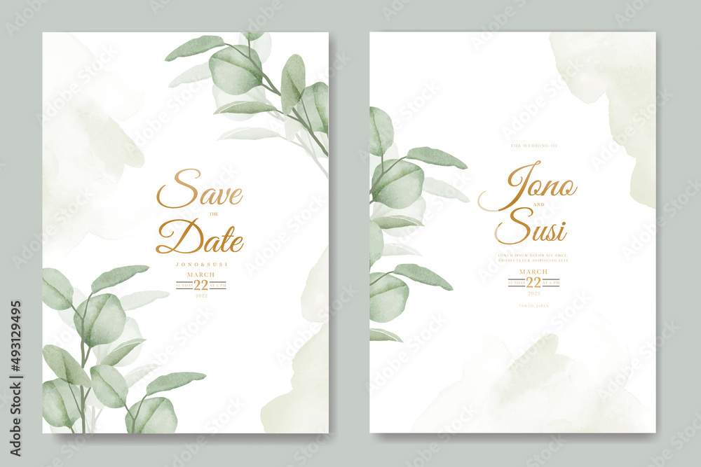 Watercolor floral leaves wedding invitation card
