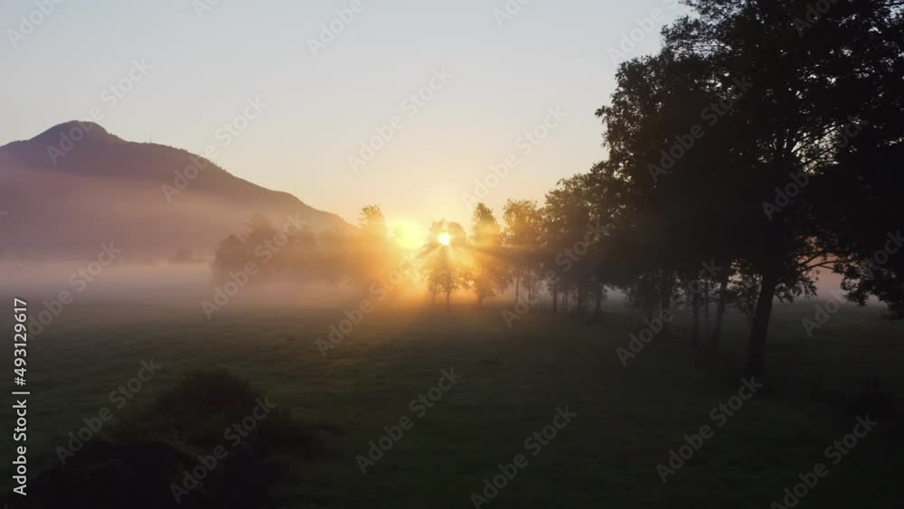 Drone Towards Sunrise Over Misty Landscape Of Zell Am See, Drone Towards Sunrise Over Misty Landscape Of Zell Am See,