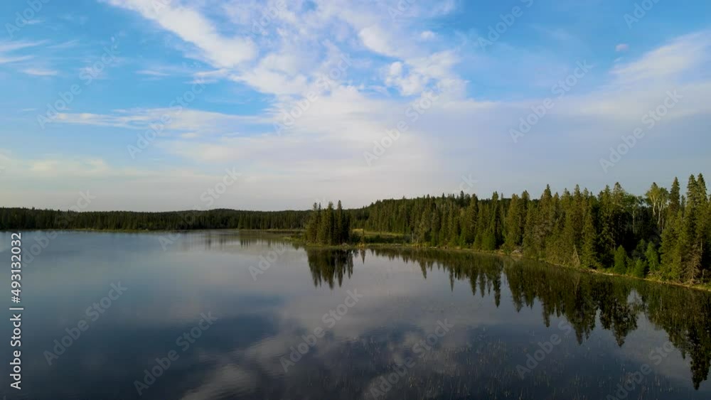 Drone flying above a calm lake surrounded by a green forest under a blue sky with white clouds. Perfect reflections can be seen in the water and white birds are flying.
Drone flying above a calm lake surrounded by a green forest under a blue sky with white clouds. Perfect reflections can be seen in the water and white birds are flying.