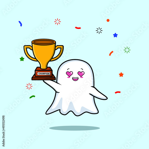 Cute Cartoon character illustration of ghost is holding up the golden trophy with happy gesture, cute modern style design for t-shirt, sticker, logo element