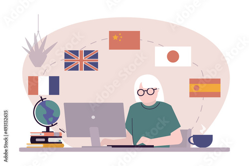 Elderly learn different international languages. Grandmother sit at workplace and choose language courses. Distance learning foreign language for old.