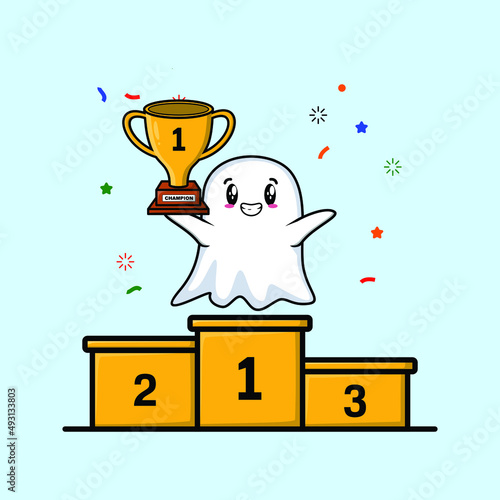 Cute cartoon ghost as the first winner with happy expression in 3d modern style design