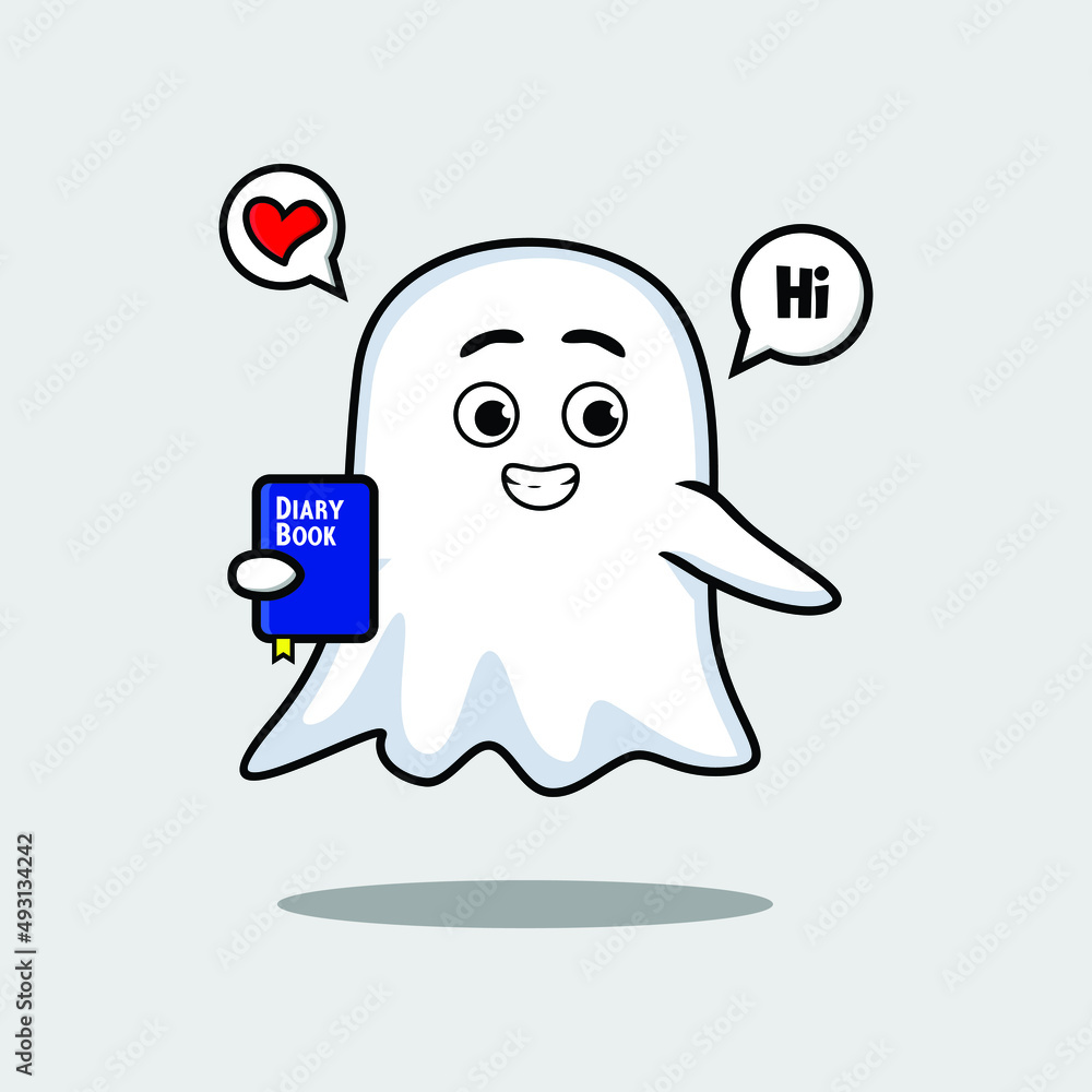 Cute cartoon ghost character holding diary book with happy expression in concept 3d cartoon style Cute cartoon ghost character holding diary book with happy expression in concept 3d cartoon style