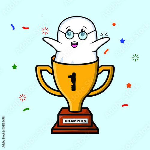 Cute cartoon ghost character in trophy in concept 3d cartoon style