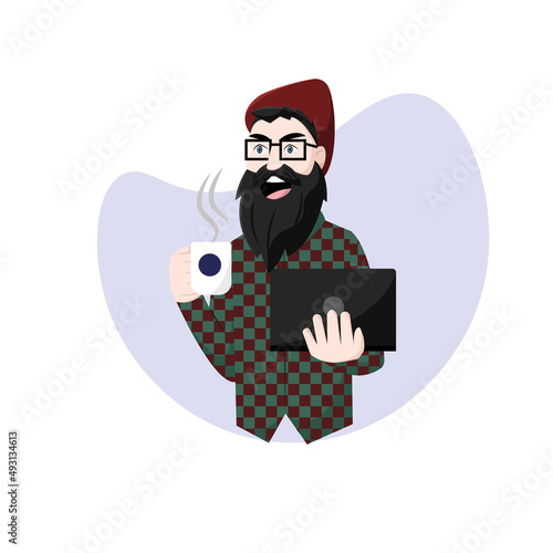 Isolated happy hispter cartoon with a laptop and coffee Vector