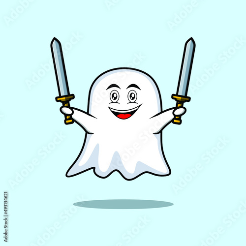 Cute cartoon Ghost character holding two sword in 3d modern design for t-shirt, sticker, logo element