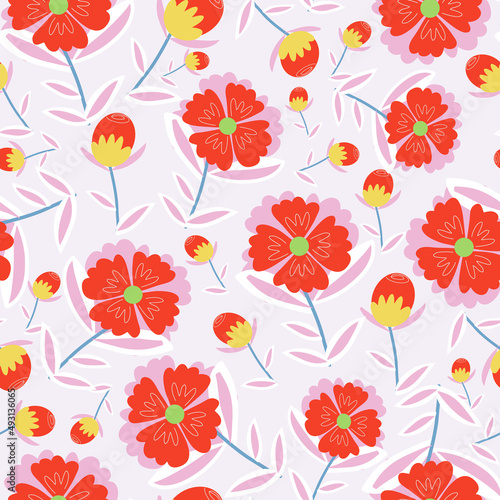 White with whimsical red flower elements with their long stems and small leaves seamless pattern background design.