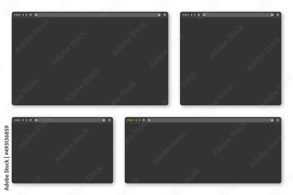 Blank web browser window with toolbar and search field. Modern website, internet page in flat style. Browser mockup for computer, tablet and smartphone. Adaptive UI, dark mode. Vector illustration Blank web browser window with toolbar and search field. Modern website, internet page in flat style. Browser mockup for computer, tablet and smartphone. Adaptive UI, dark mode. Vector illustration