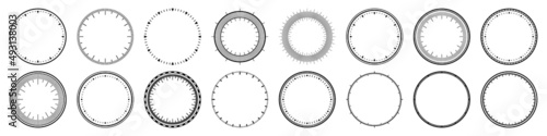 Mechanical clock faces, bezel. Watch dial with minute and hour marks. Timer or stopwatch element. Blank measuring circle scale with divisions. Vector illustration.
