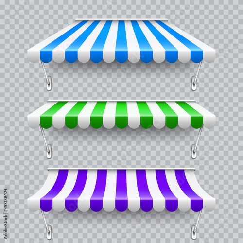 Colorful shop sunshade with metal mount. Realistic striped cafe awning. Outdoor market tent. Roof canopy. Summer street store. Vector illustration.