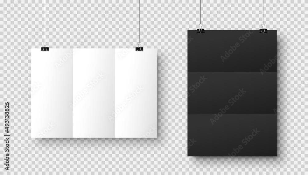 Realistic blank hanging paper sheets in A4 size with shadow on checkered background. Black and white folded notebook page. Design poster, template or mockup. Vector illustration. Realistic blank hanging paper sheets in A4 size with shadow on checkered background. Black and white folded notebook page. Design poster, template or mockup. Vector illustration.