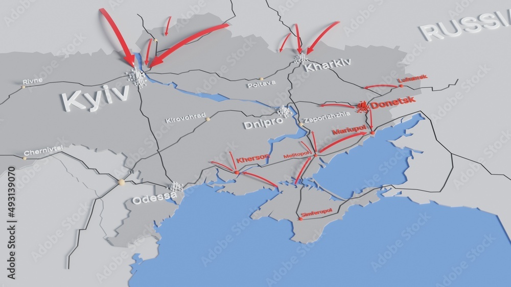 Map of Ukraine showing the advance of the Russian invasion in March 2022. Digital 3D rendering.
