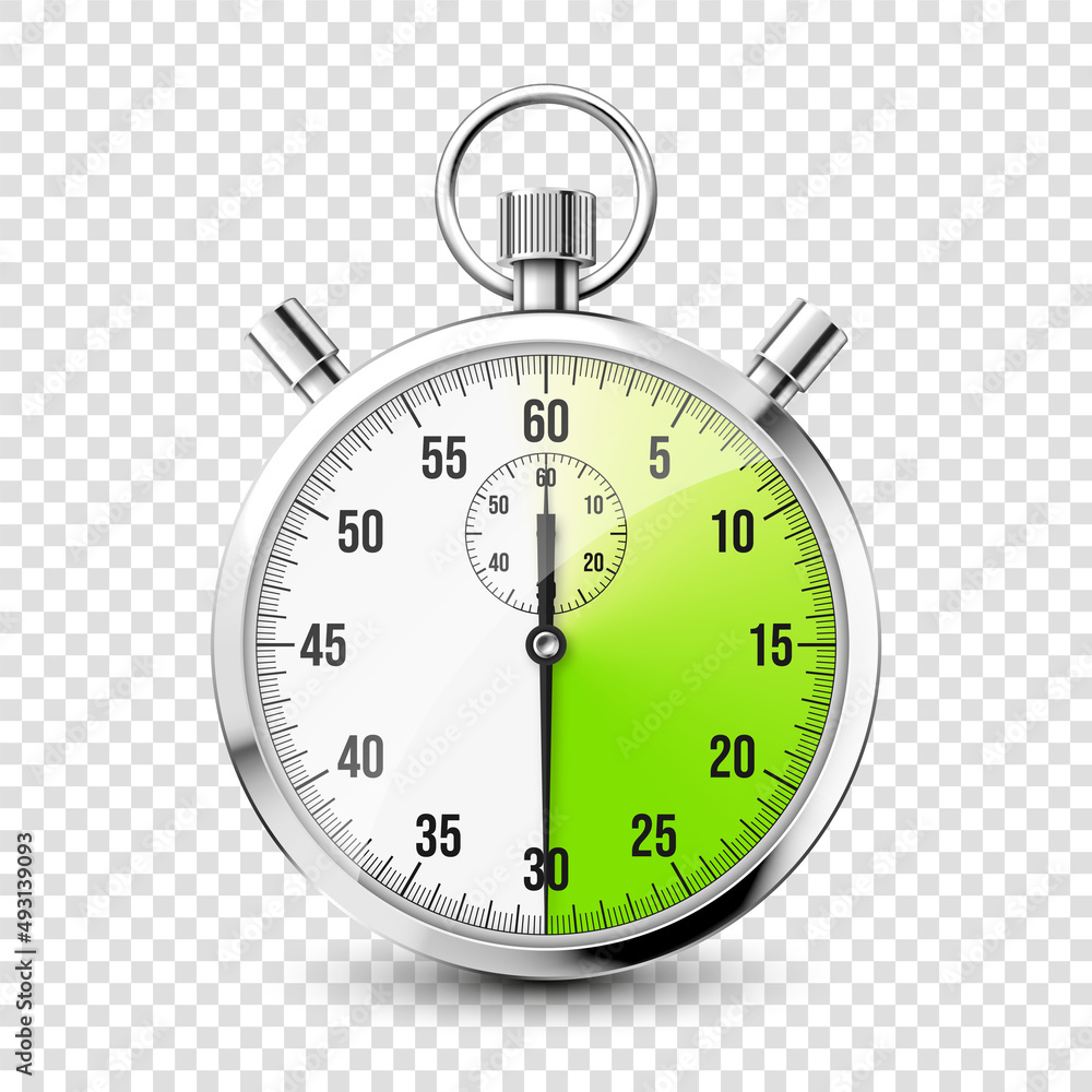 Realistic classic stopwatch icon. Shiny metal chronometer, time counter with dial. Green countdown timer showing minutes and seconds. Time measurement for sport, start and finish. Vector illustration Realistic classic stopwatch icon. Shiny metal chronometer, time counter with dial. Green countdown timer showing minutes and seconds. Time measurement for sport, start and finish. Vector illustration