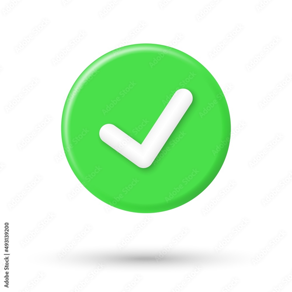 Realistic check mark green 3d icon. Right checkmark button isolated on white background. Vector illustration Realistic check mark green 3d icon. Right checkmark button isolated on white background. Vector illustration