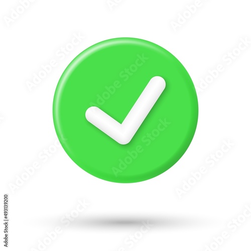 Realistic check mark green 3d icon. Right checkmark button isolated on white background. Vector illustration