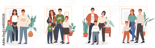 Happy family concept. Father, mother and child stay home and spend time together. Vector illustration in a flat style