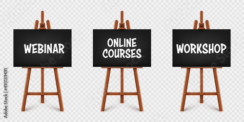 Realistic paint desk with text on black canvas. Wooden easel and a sheet of drawing paper. Presentation board on a tripod. Distance education, online courses and e-learning. Vector illustration