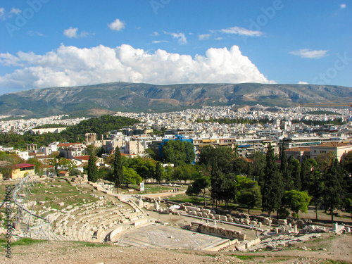 Athens, Greece - A view from above of the Theatre and Sanctuary of Dionysus on the south slope of the Acropolis hill. It was originally part of the sanctuary of Dionysus Eleuthereus.