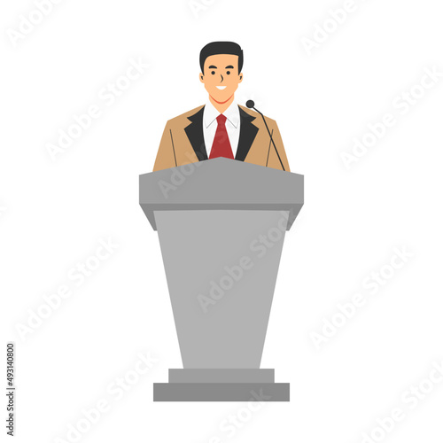 An illustration of a confident man speaking on a podium