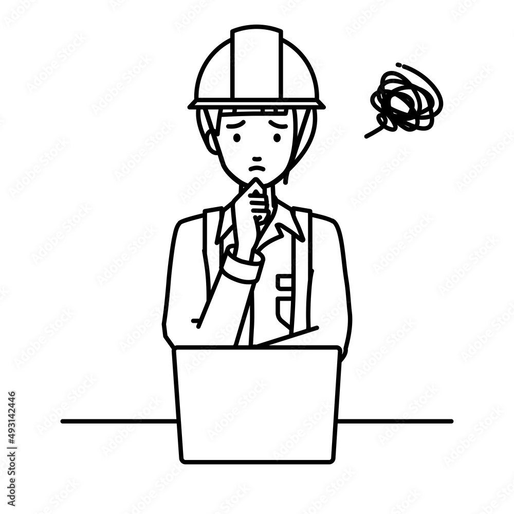 デスクで座ってPCを開いて困っている工事現場の女性