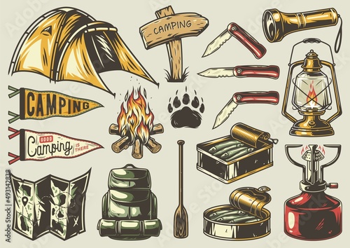 Set of monochrome camping and travel elements, including campfire, tent and map, lantern and forest