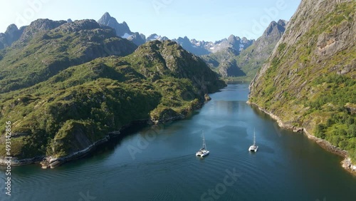 Wallpaper Mural Aerial view of sailboats in a mountainous strait, in Norway - pull back, drone shot Torontodigital.ca