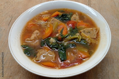 Capcay or cap cai. Indonesian chinese food. Capcay is made from various kinds of vegetables such as carrots, mustard greens, chinese cabbage, tomatoes, chayote, cabbage and chicken and fish cakes.