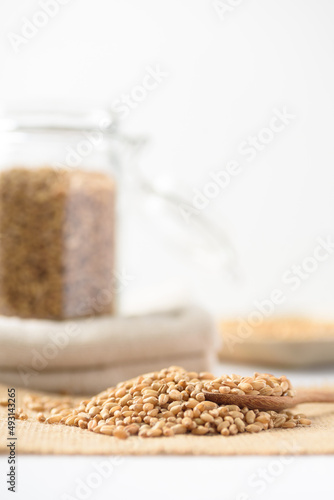 Whole wheat seedl on white background. Natural product, healthy baking ingredient