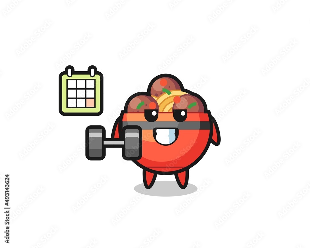 meatball bowl mascot cartoon doing fitness with dumbbell meatball bowl mascot cartoon doing fitness with dumbbell