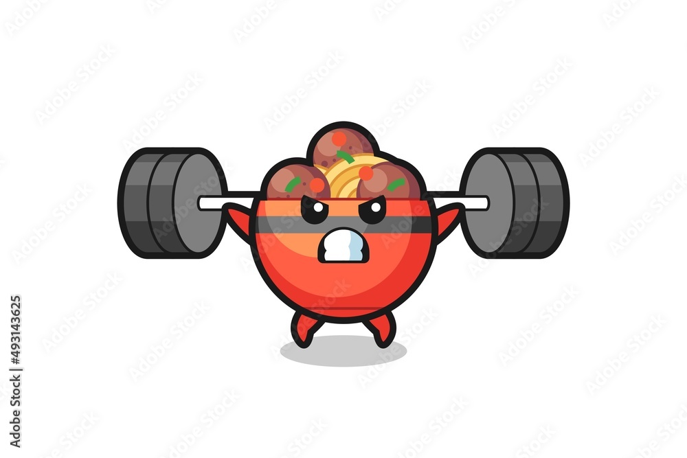 meatball bowl mascot cartoon with a barbell meatball bowl mascot cartoon with a barbell