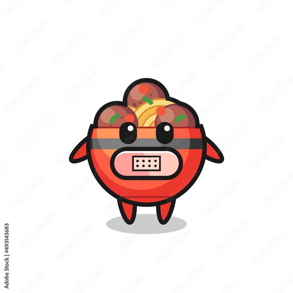 Fototapeta premium Cartoon Illustration of meatball bowl with tape on mouth