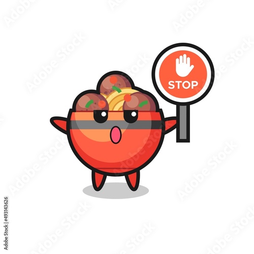 meatball bowl character illustration holding a stop sign