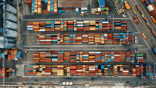 Aerial view: containers waiting for shipment in a large industrial port
