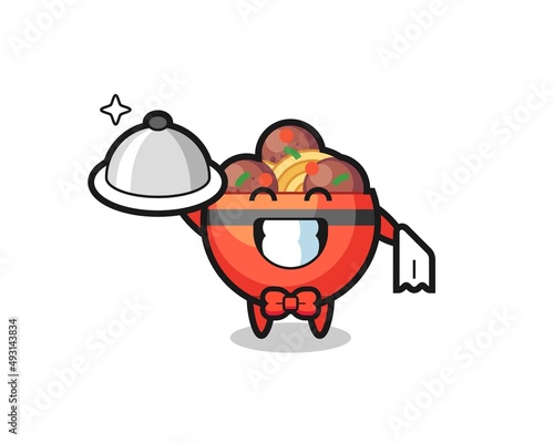 Character mascot of meatball bowl as a waiters