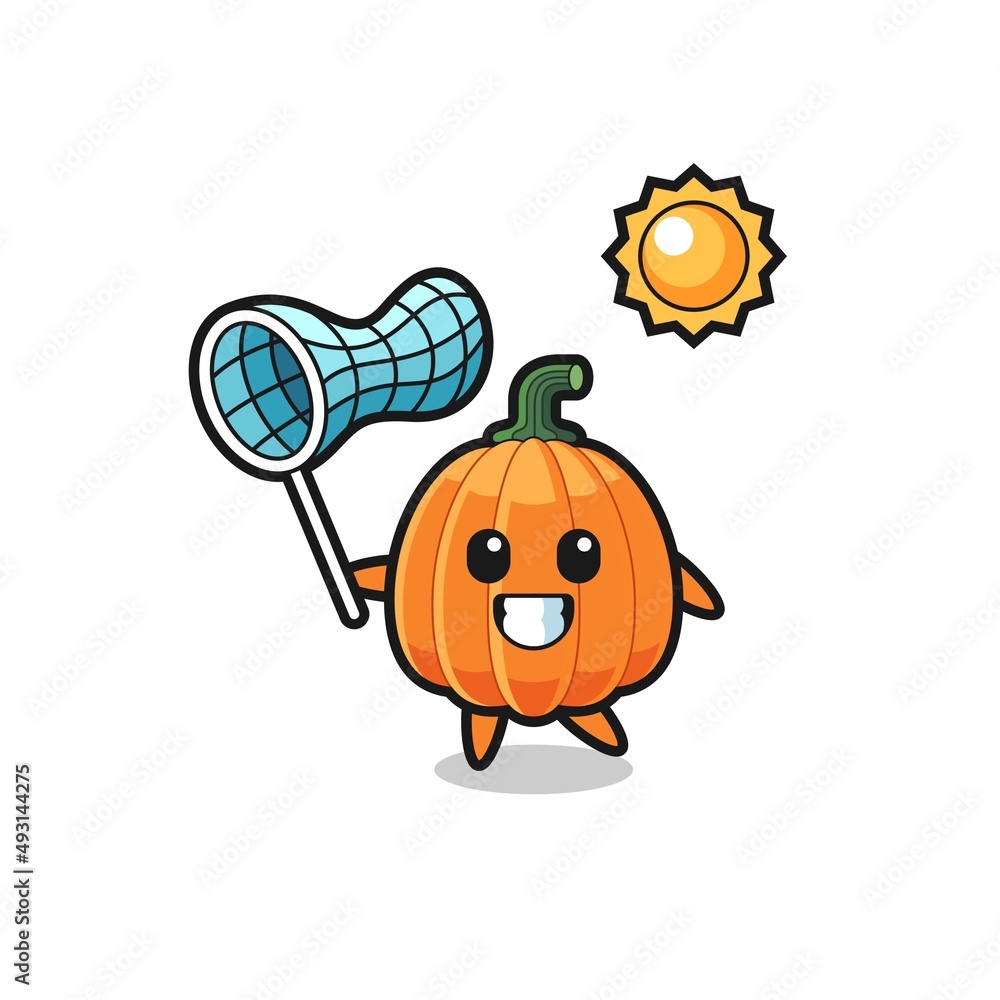 pumpkin mascot illustration is catching butterfly pumpkin mascot illustration is catching butterfly