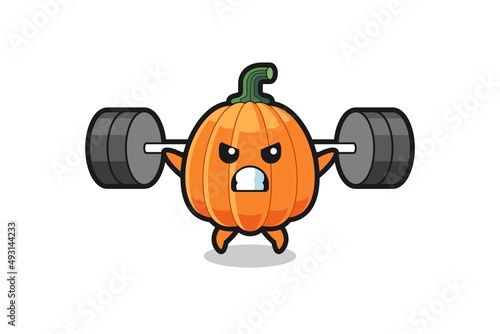 pumpkin mascot cartoon with a barbell