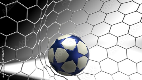 White-Blue Star Soccer Ball in the Goal Net under black background. 3D illustration. 3D CG. 3D Rendering. High resolution. © DRN Studio