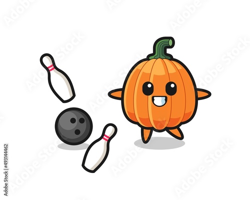 Character cartoon of pumpkin is playing bowling